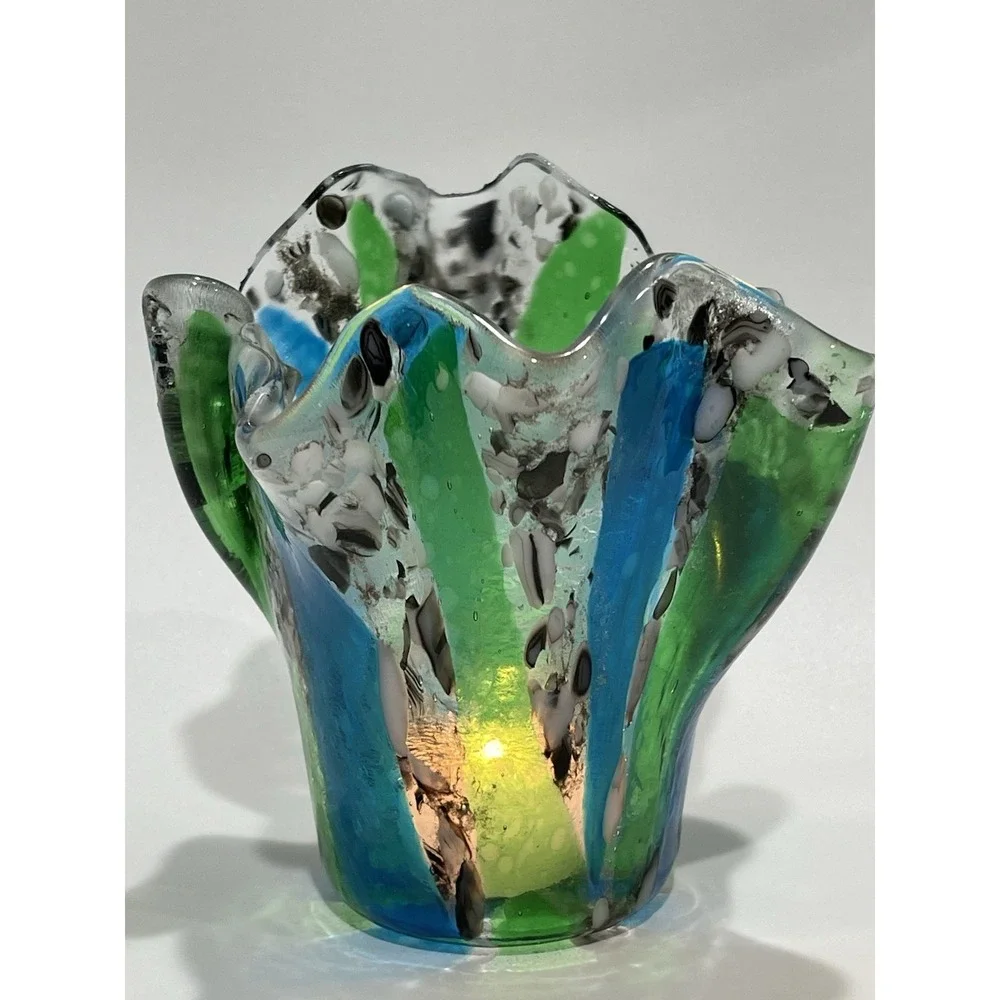 Fused Glass Vase Candleholder Tea‎ light Unique Abstract Style Multicolored